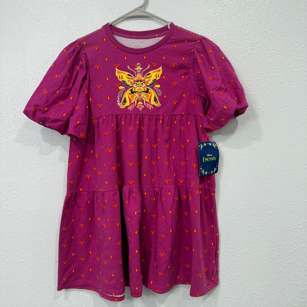 Disney Encanto Girls XL 14/16 Magenta Butterfly Tiered Puff Sleeve Dress NWT